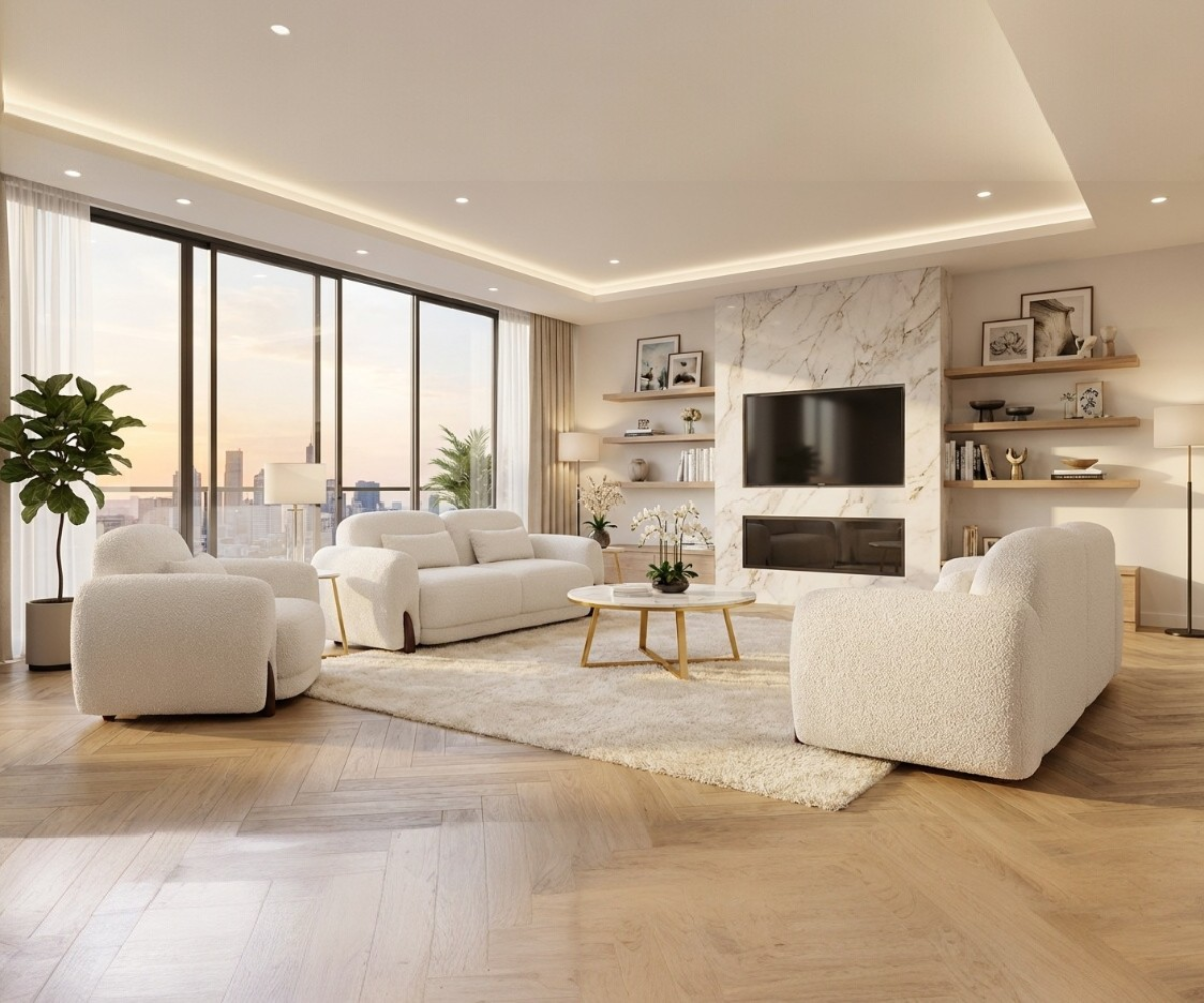 VAREZ beige boucle sofa set in a bright city-view living room