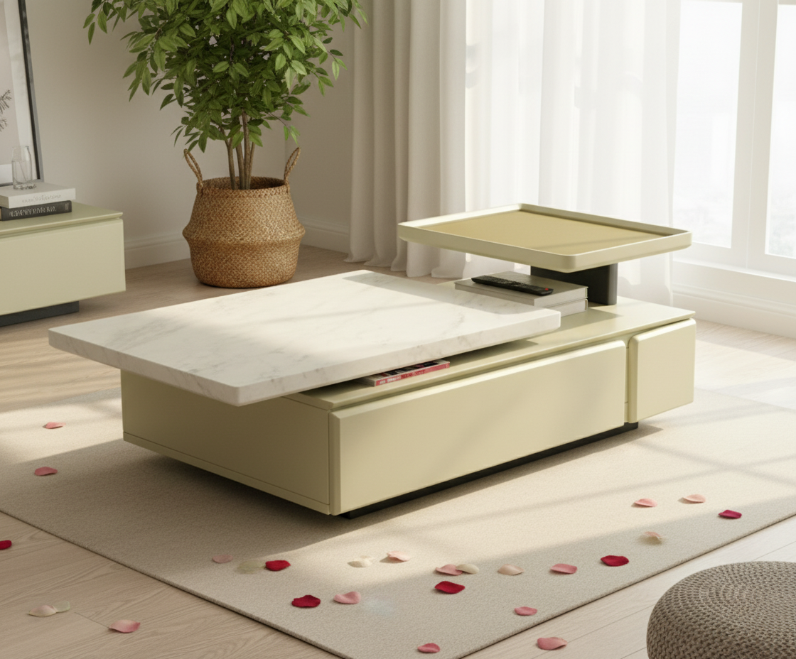 Vela floating marble storage table in a bright room with a rose-strewn rug