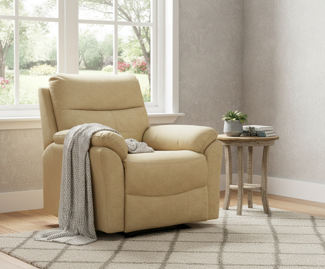 VICTORIA beige fabric manual recliner chair by a garden window