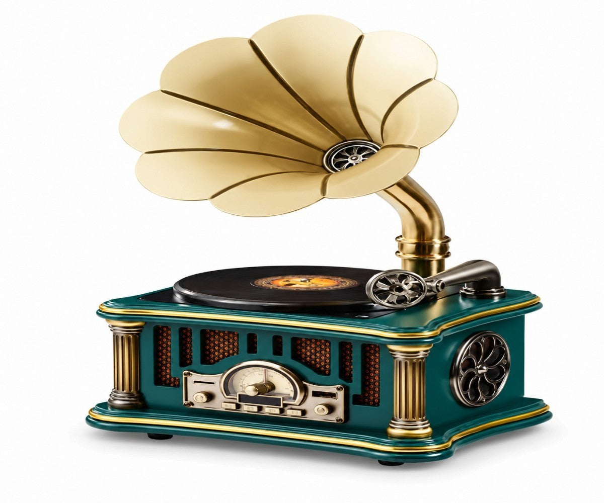 Vintage teal and gold gramophone turntable speaker with flower-shaped horn styled in a luxurious, well-lit living room