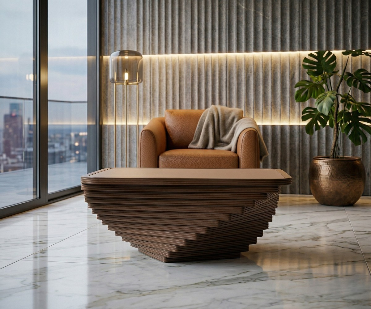 Vortex designer layered wood coffee table in a city-view lounge