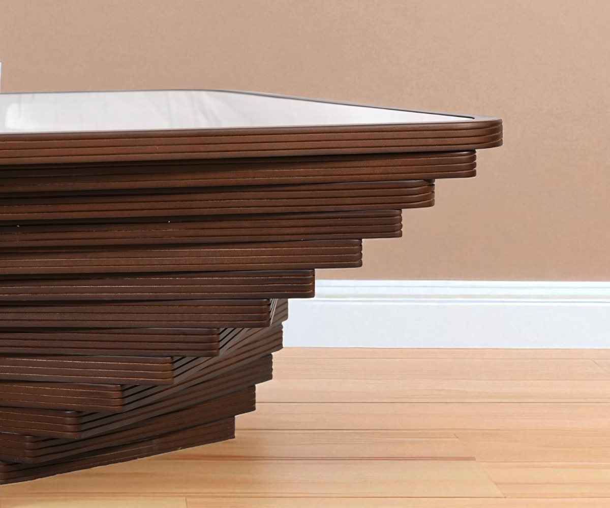 Vortex designer layered wood coffee table in a city-view lounge