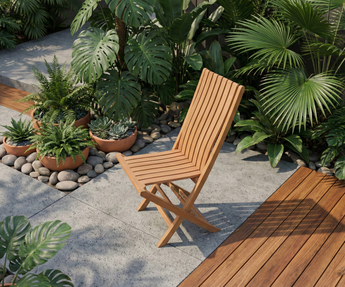 WAVE folding chair outdoor, teak folding chair on a decked terrace among palms
