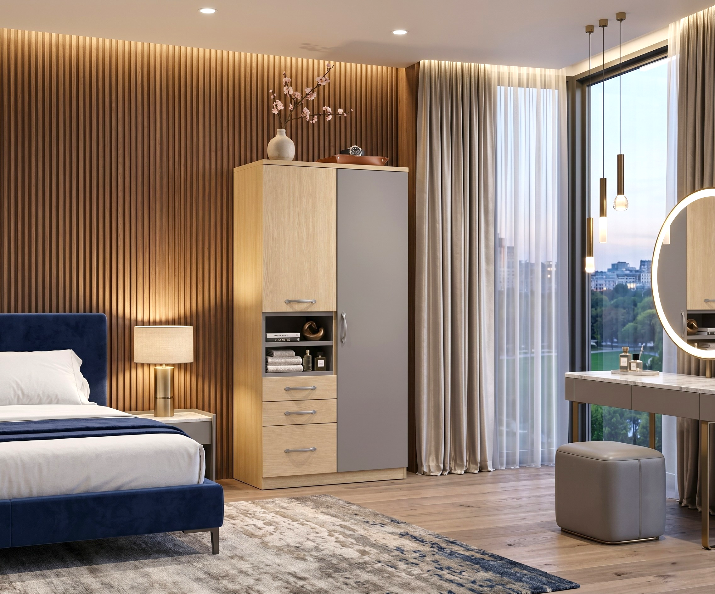 WB01-2 2door wardrobe in a bedroom with a navy bed and slatted panelling