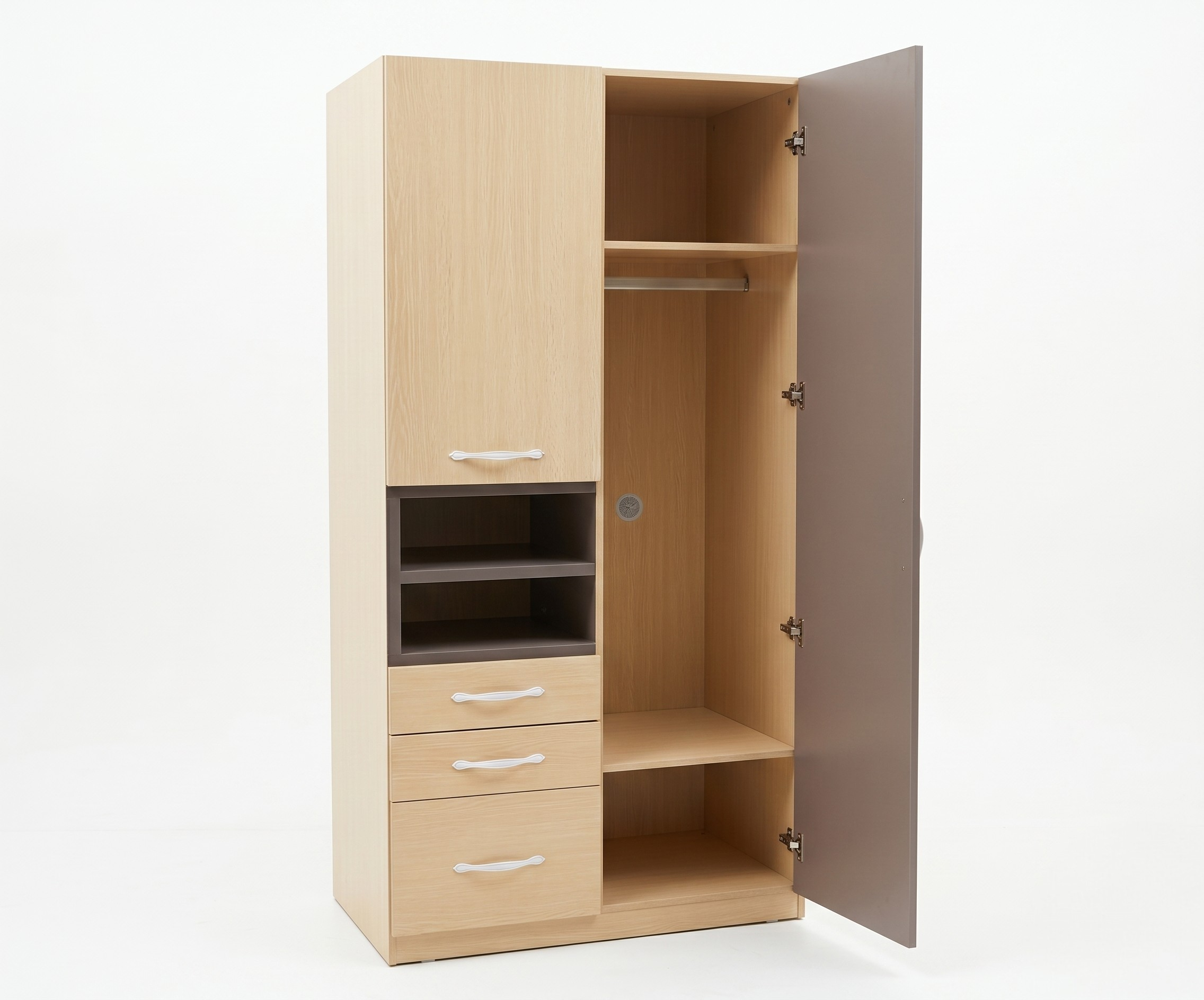 WB01-2 2door wardrobe in a bedroom with a navy bed and slatted panelling