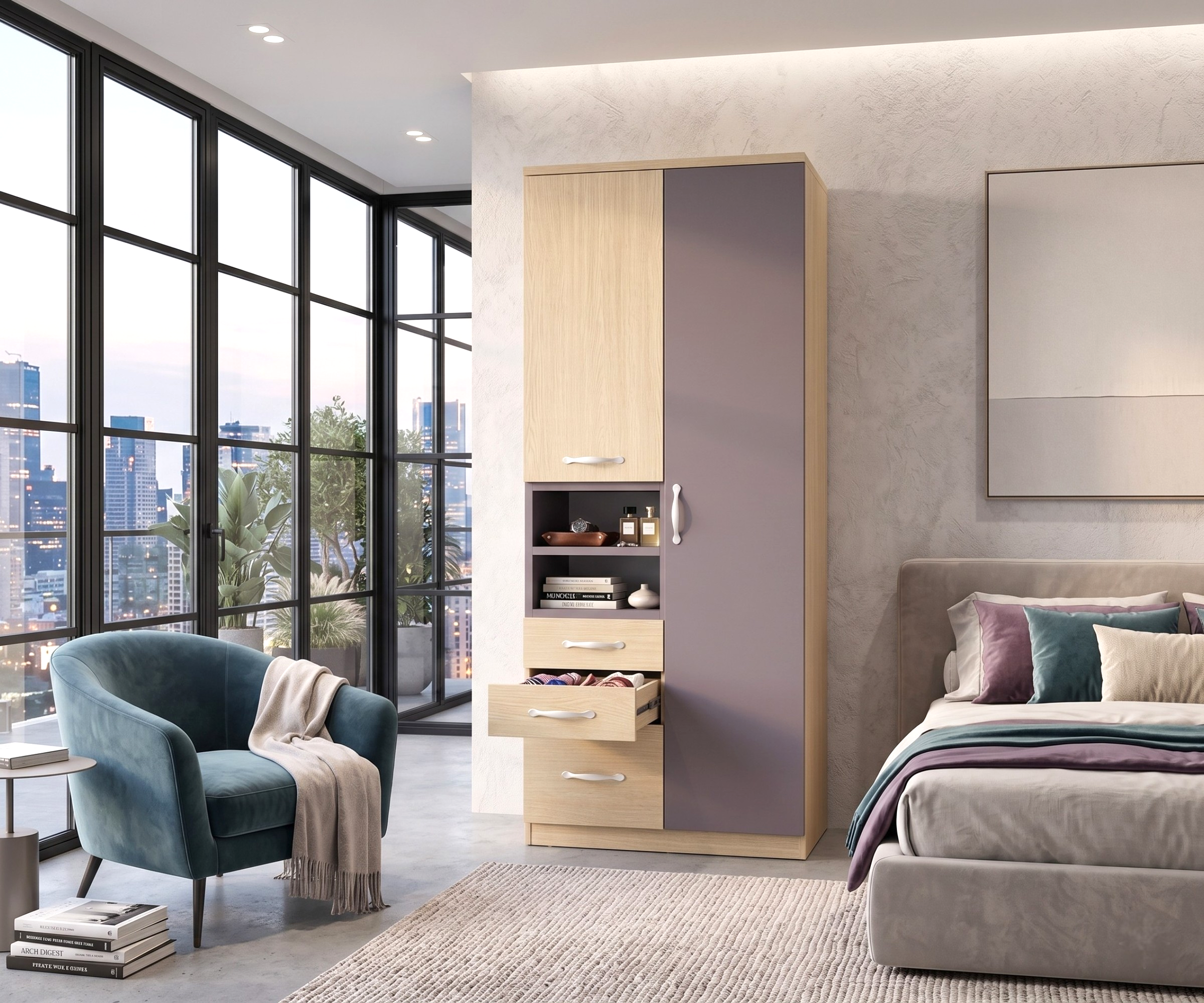 WB01-2 compact wooden wardrobe in a city-view bedroom with a teal armchair