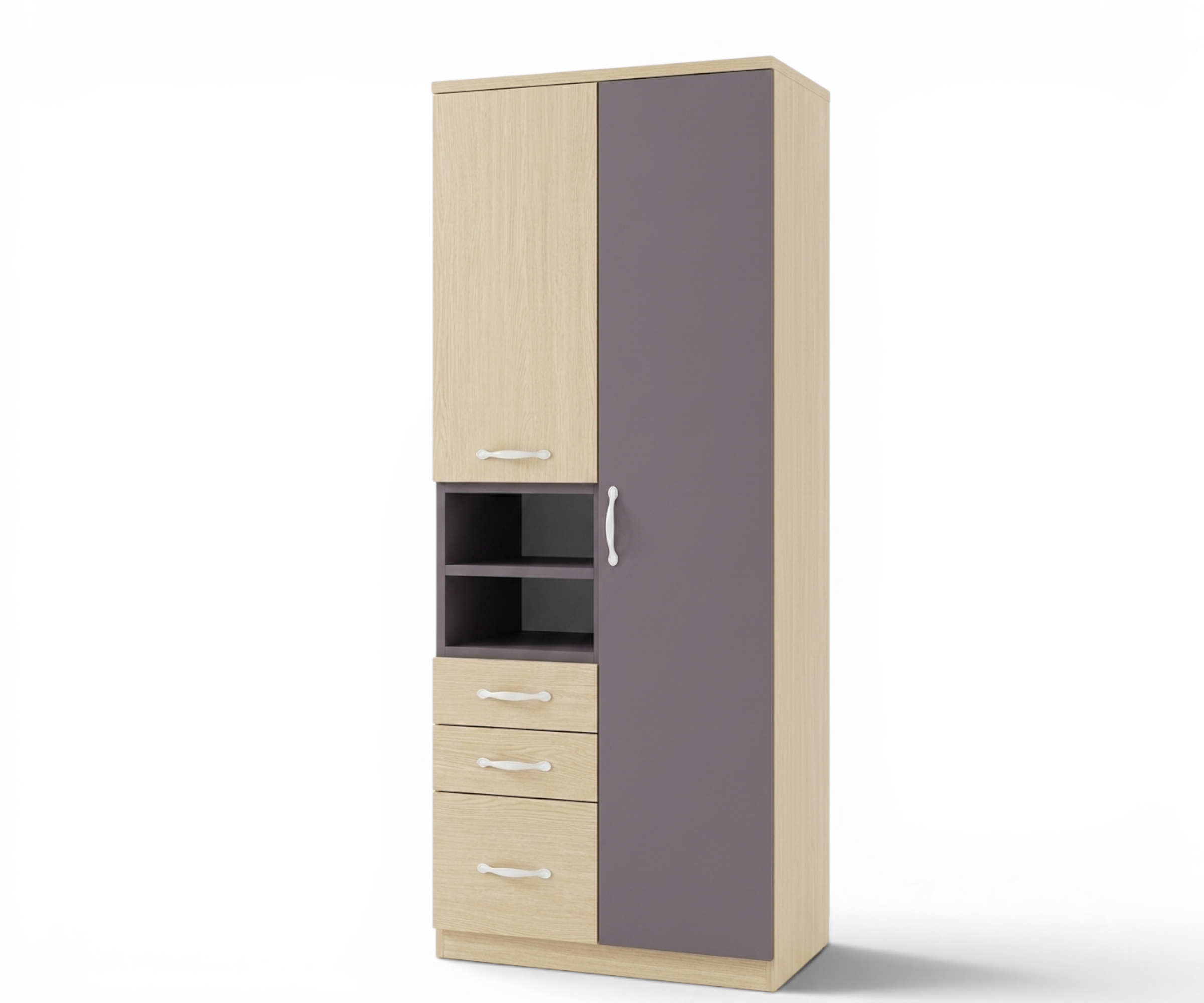 WB01-2 compact wooden wardrobe in a city-view bedroom with a teal armchair
