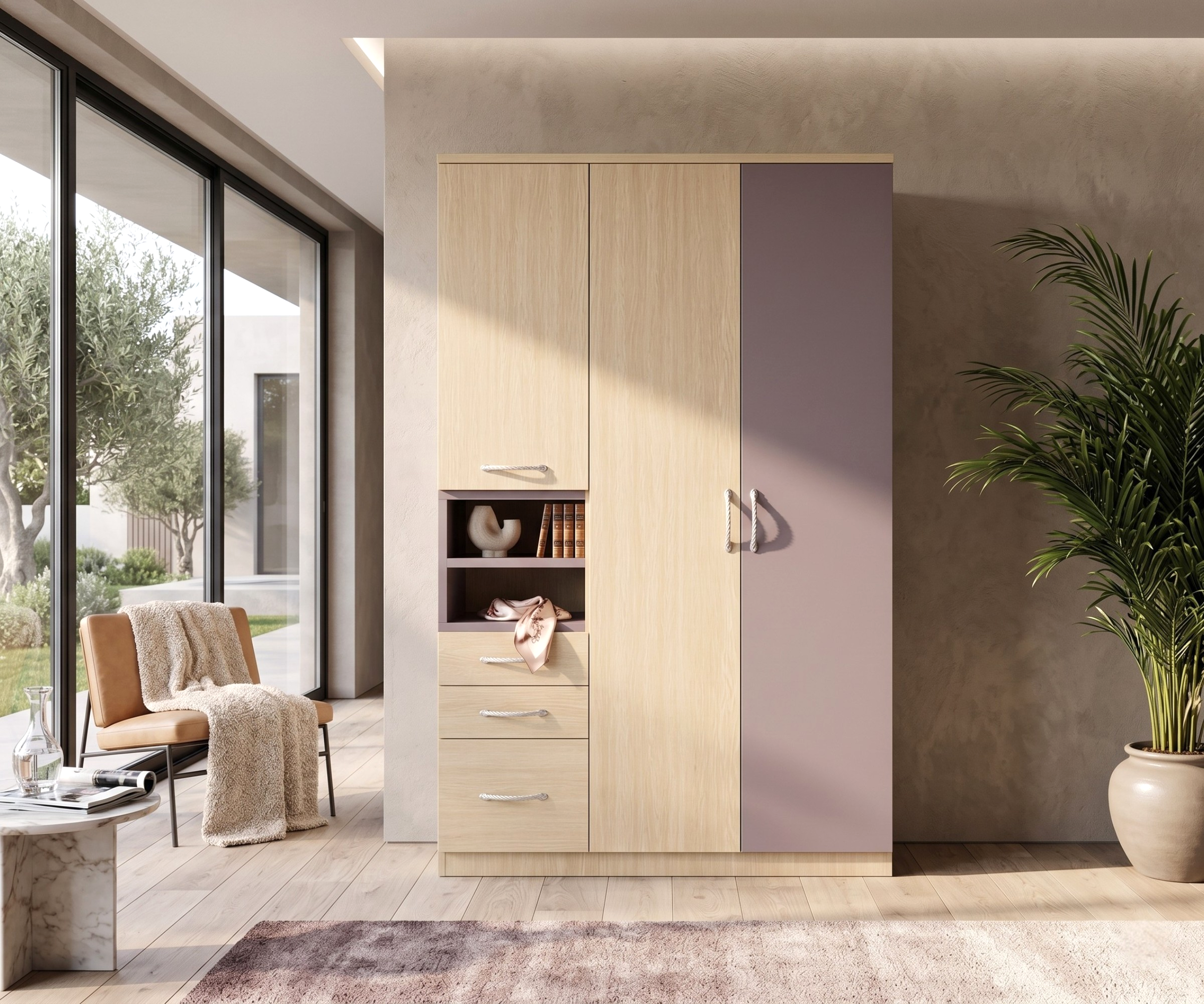 WB01-3 spacious wood wardrobe in a bright bedroom beside a tall palm