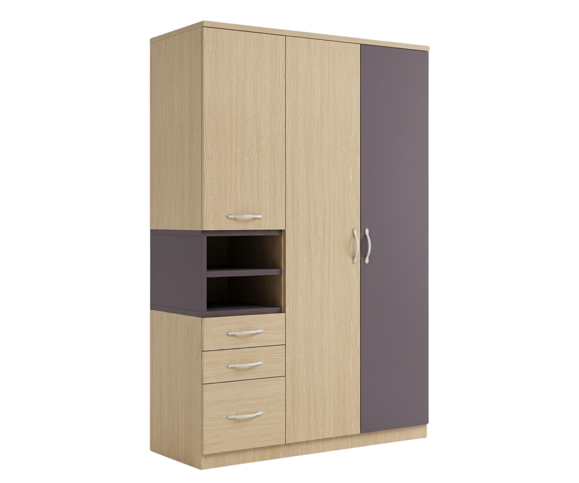 WB01-3 spacious wood wardrobe in a bright bedroom beside a tall palm