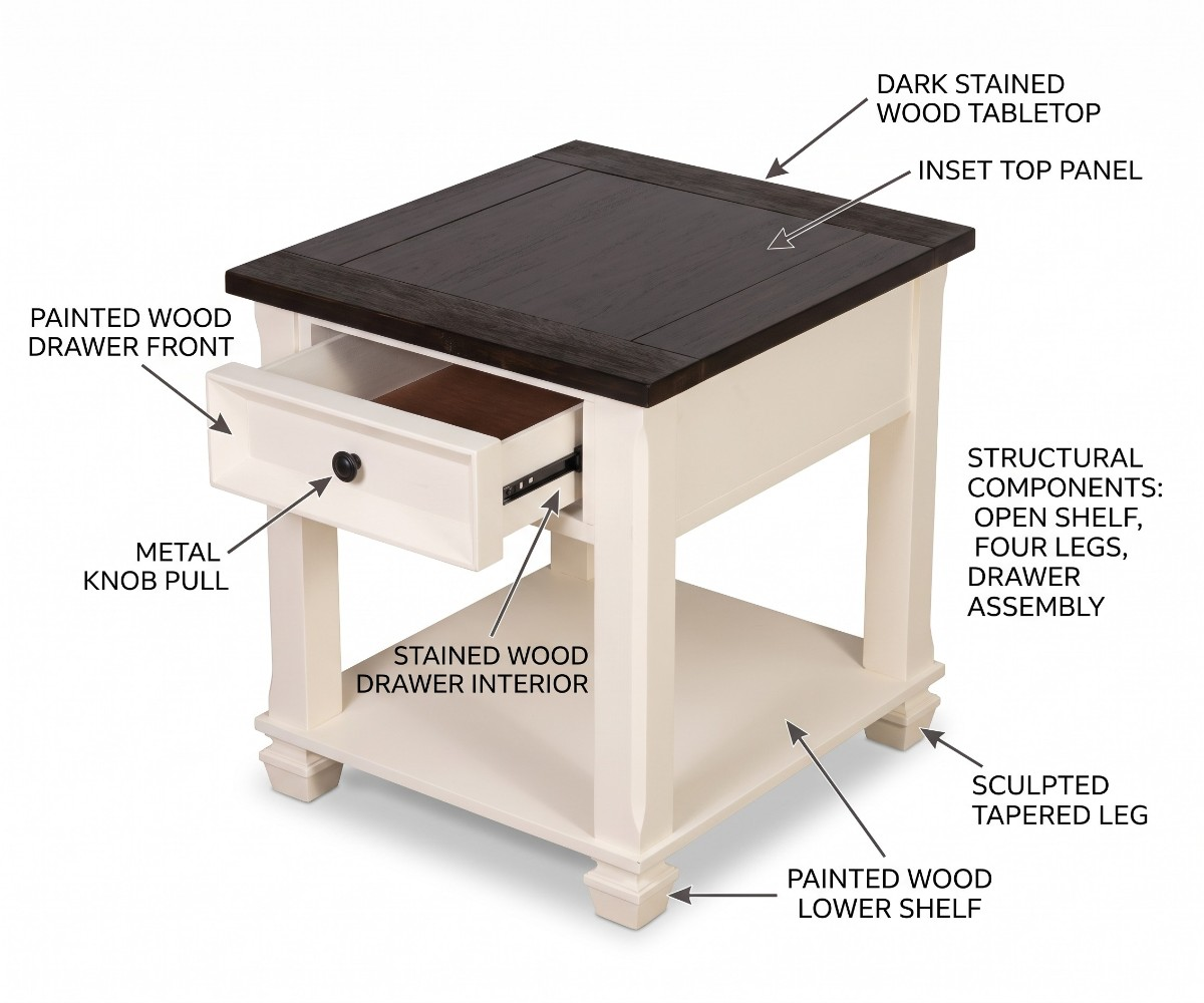Cream side table with a dark brown wood-grain top, single drawer, and open lower shelf.
