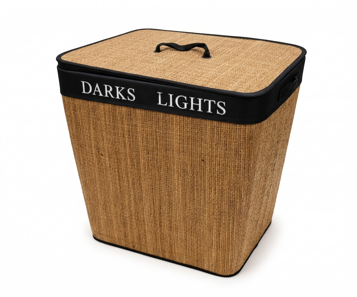 Woven laundry organizer basket with a lid, labelled Darks and Lights