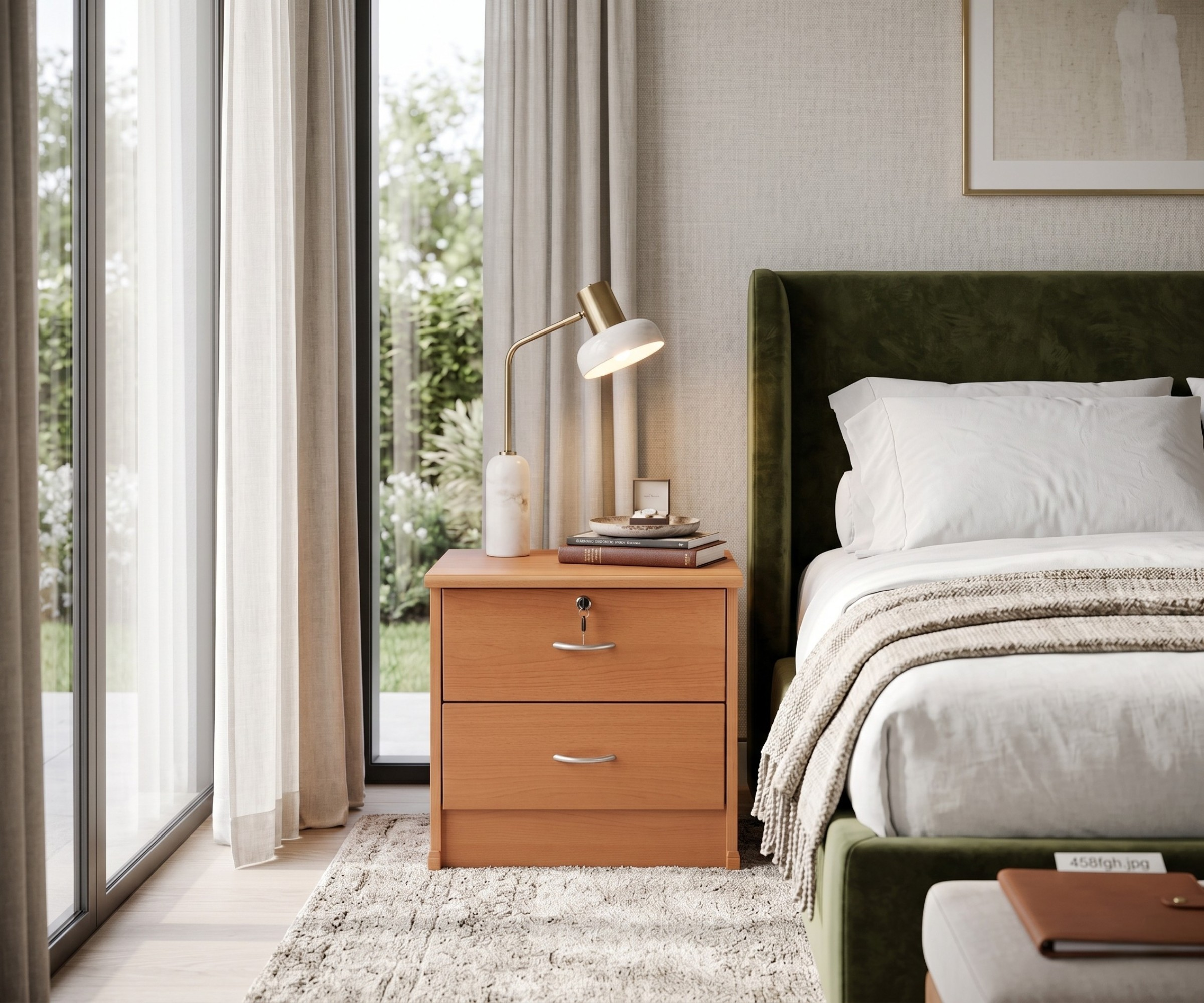 WR 201 wooden bedside cabinet in a green-headboard bedroom beside a brass lamp