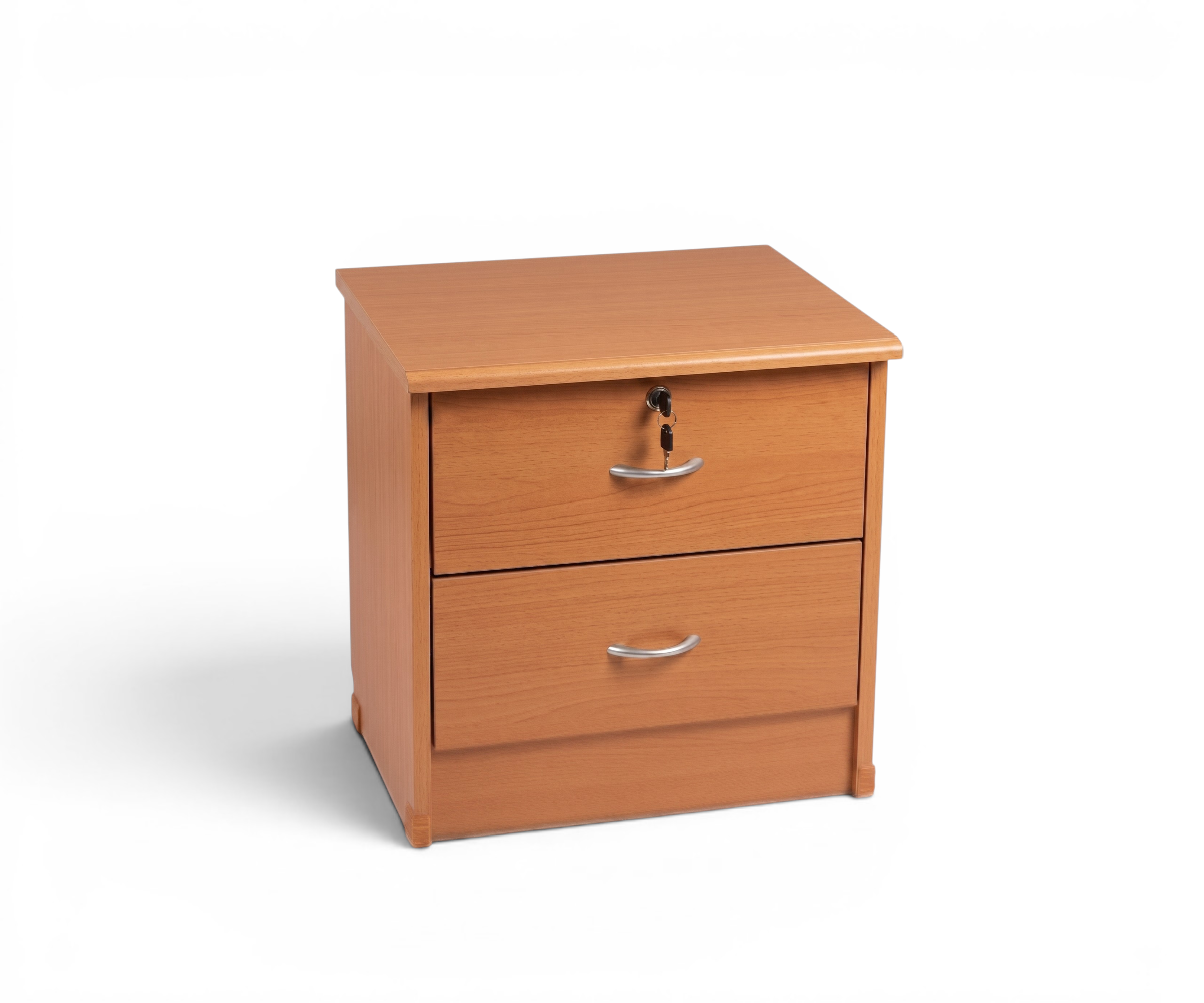 WR 201 wooden bedside cabinet in a green-headboard bedroom beside a brass lamp