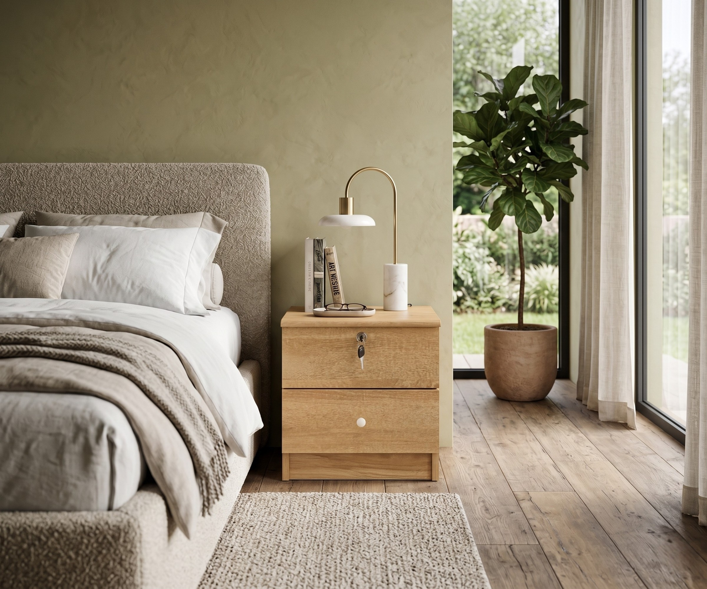 WR 227 beige nightstand table in an olive-walled bedroom beside a fig plant