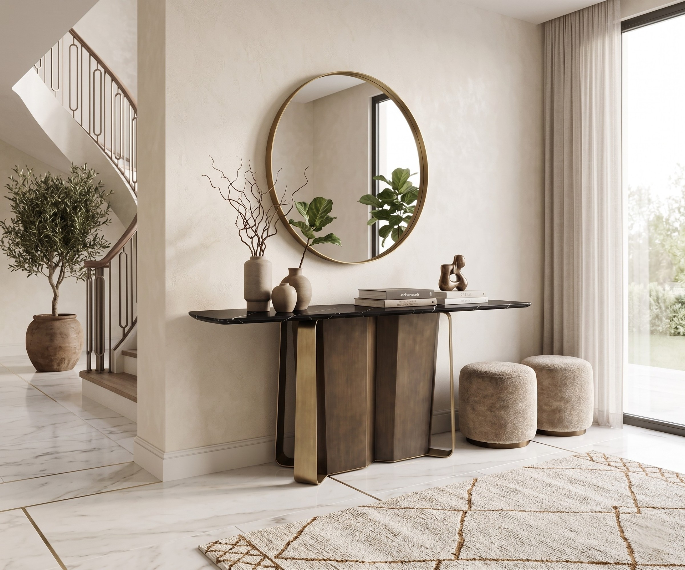 X2505 ribbed wood console beneath a round mirror beside two stools