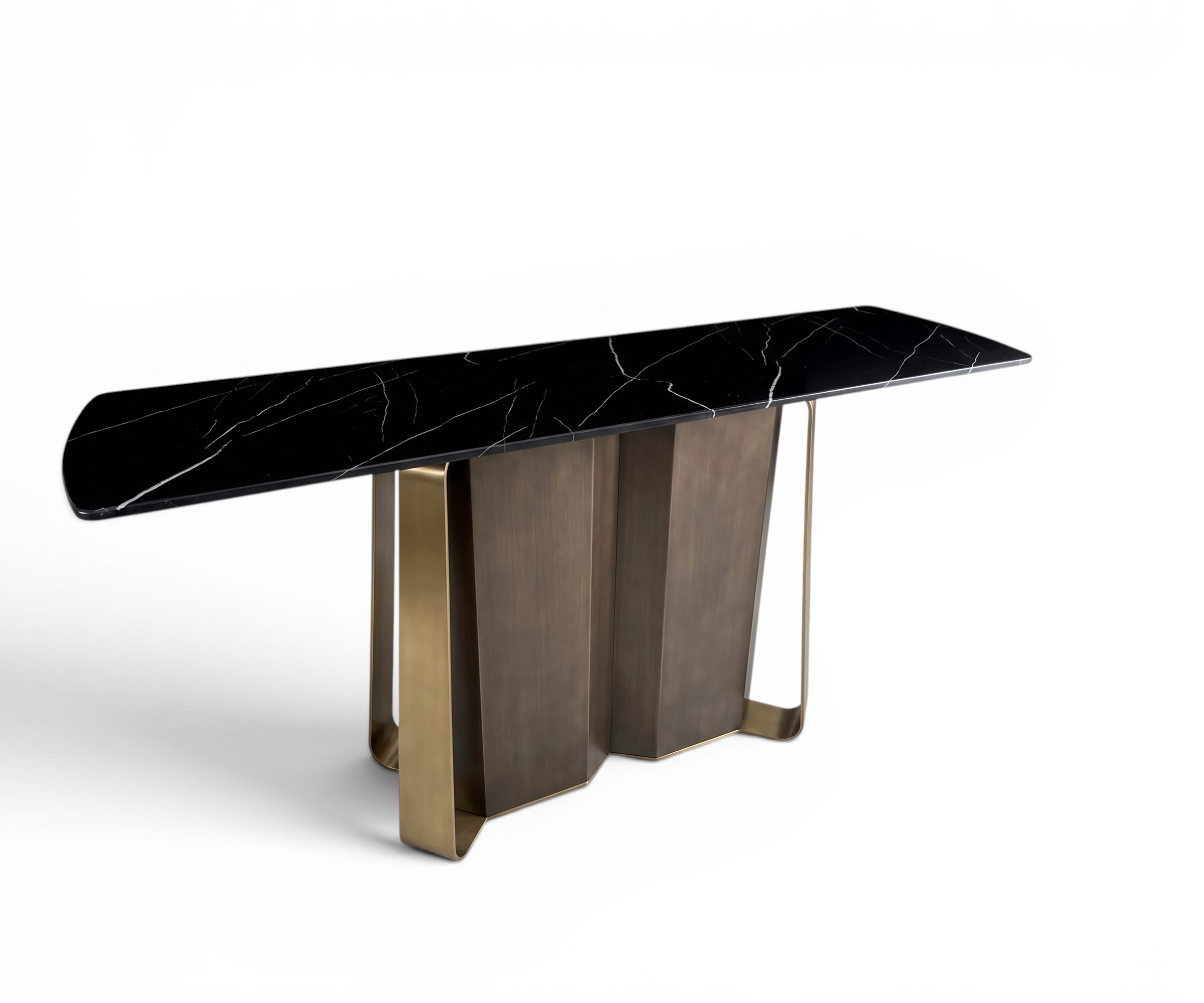 X2505 ribbed wood console beneath a round mirror beside two stools