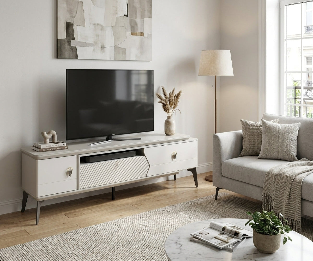 Y-1500 luxury gloss console beneath a TV in a bright living room