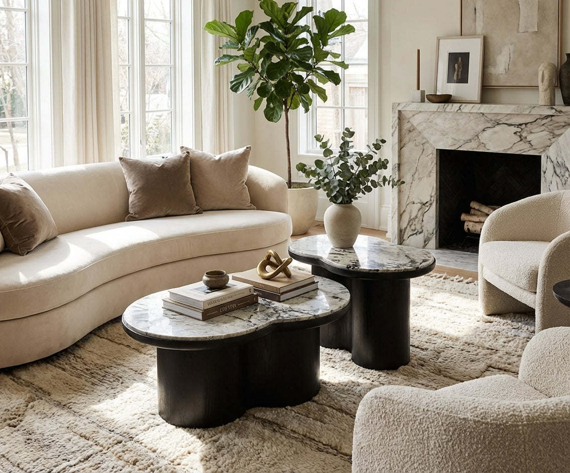 Y22# organic marble set in a bright room with a marble fireplace