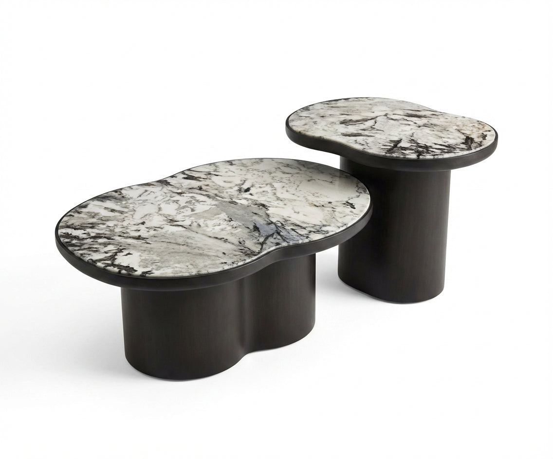 Y22# organic marble set in a bright room with a marble fireplace