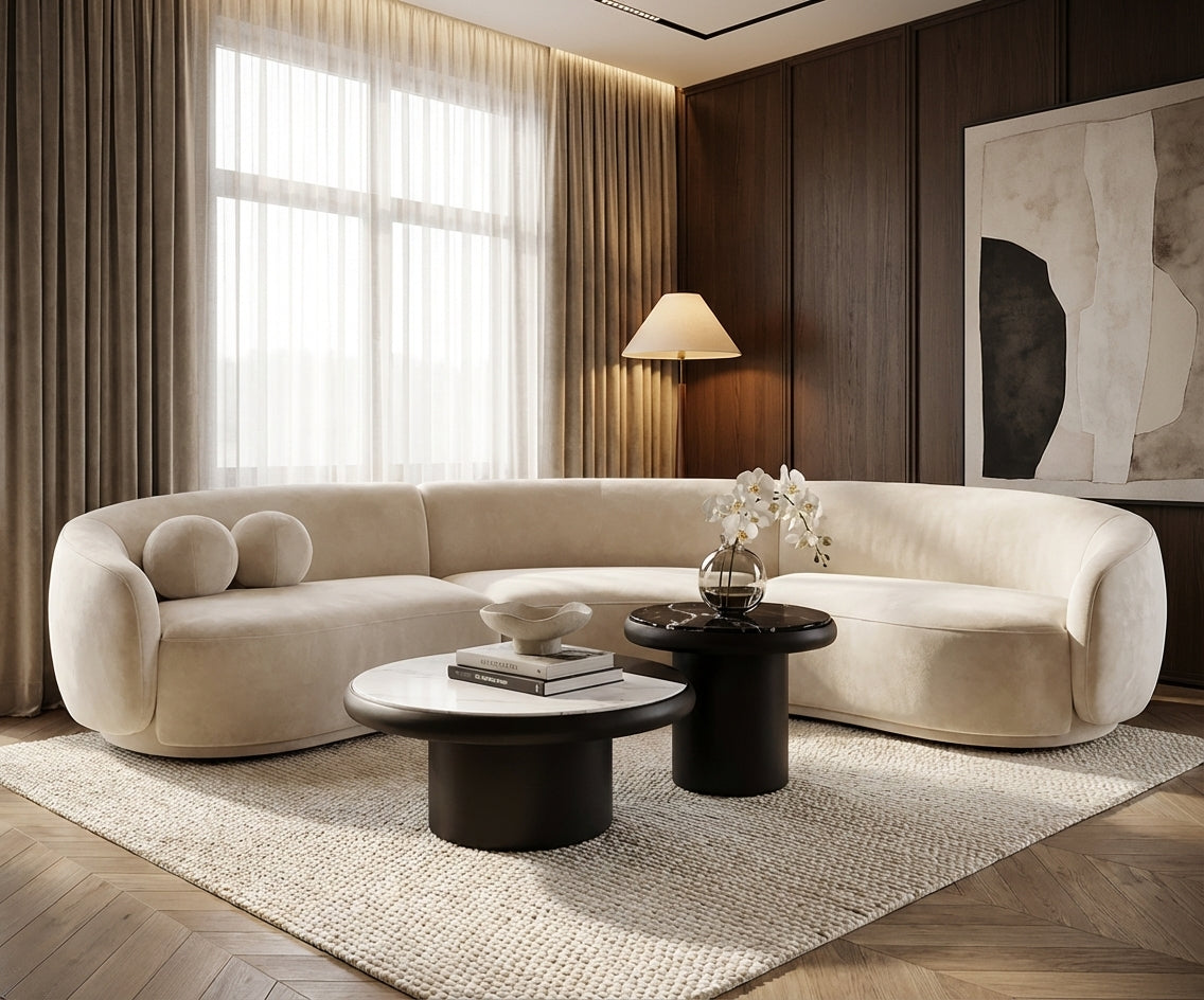 Y23# round nesting set beside a curved sofa in a panelled living room