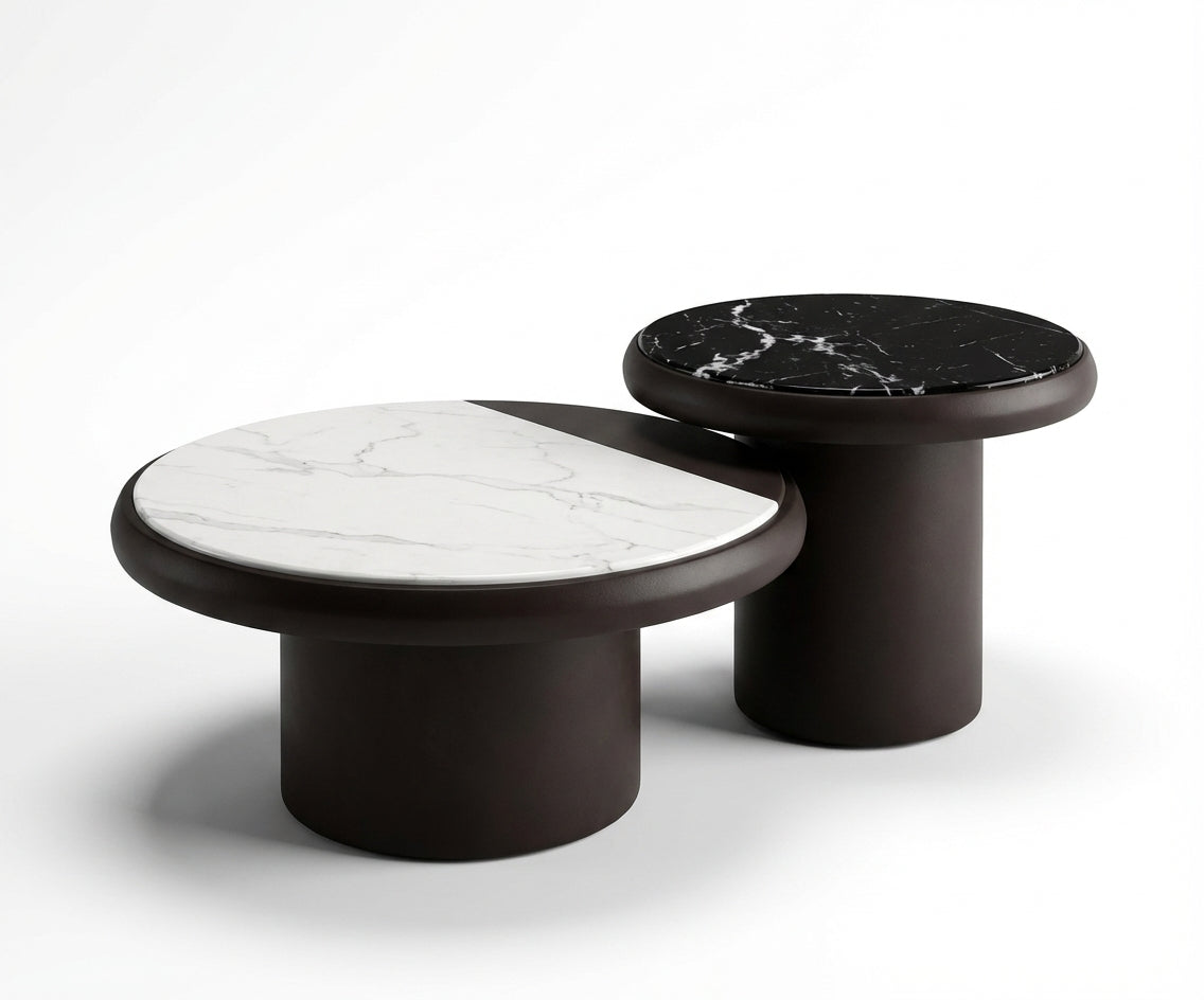 Y23# round nesting set beside a curved sofa in a panelled living room