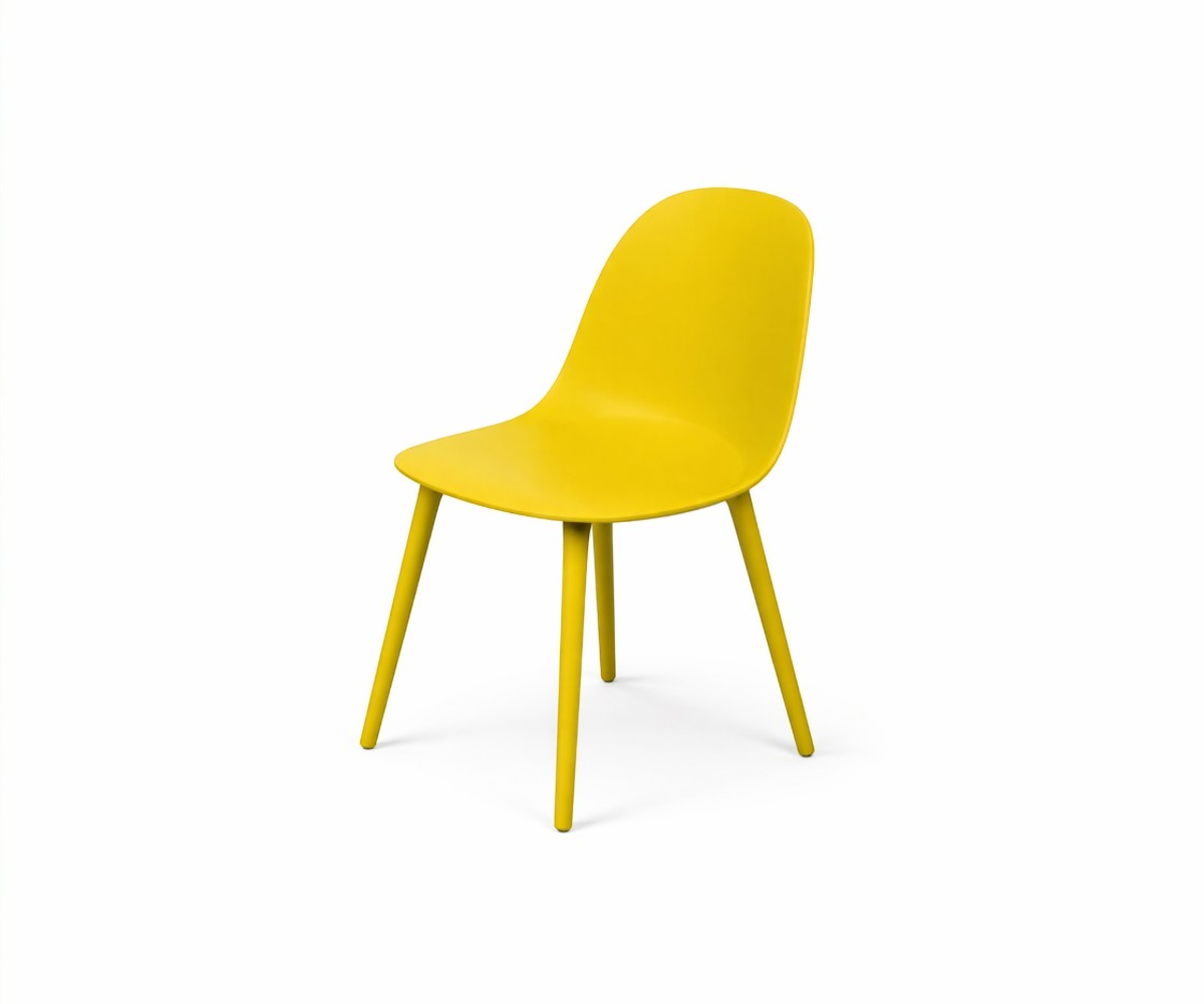 Yellow modern plastic dining chair, angled view of its moulded shell