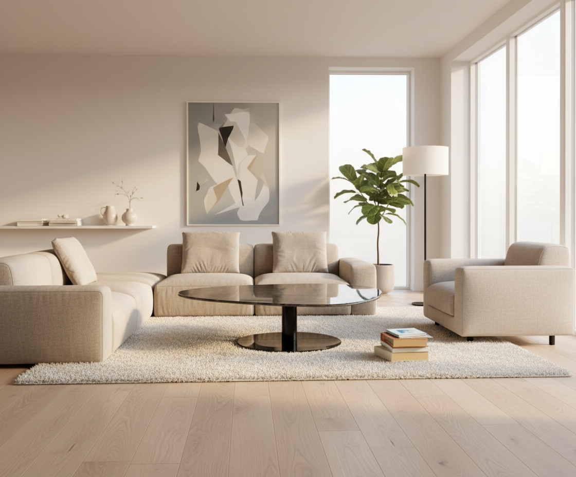 YK014 geometric floor ottoman in a bright minimal living room