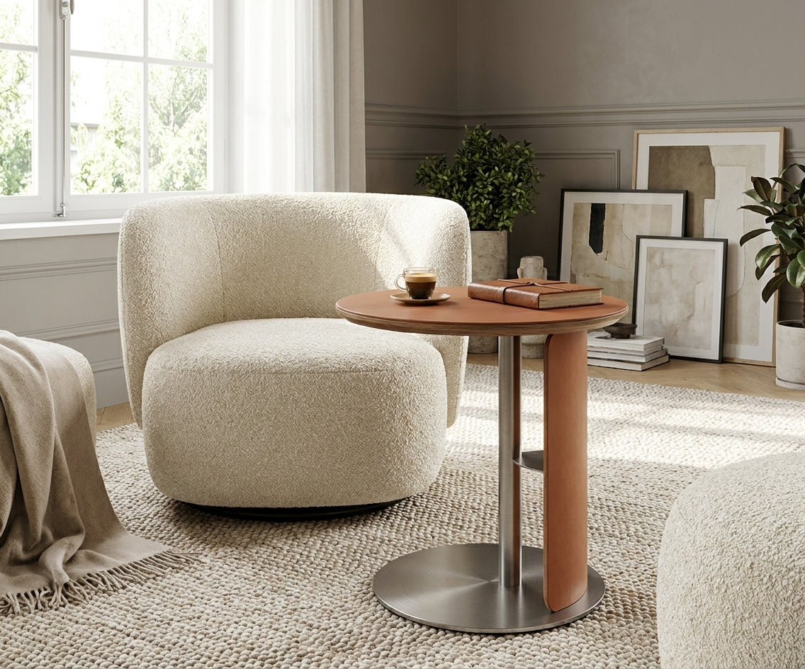 YS4043 round marble table beside a boucle armchair in a bright room
