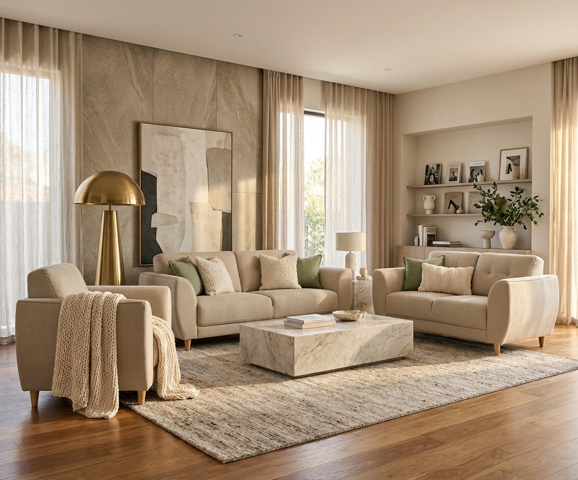 Zaina beige fabric sofa set in a bright marble-walled living room