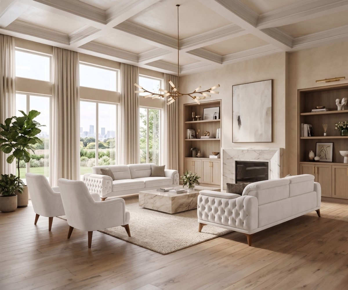 ZENON beige velvet sofa set in a bright coffered-ceiling living room