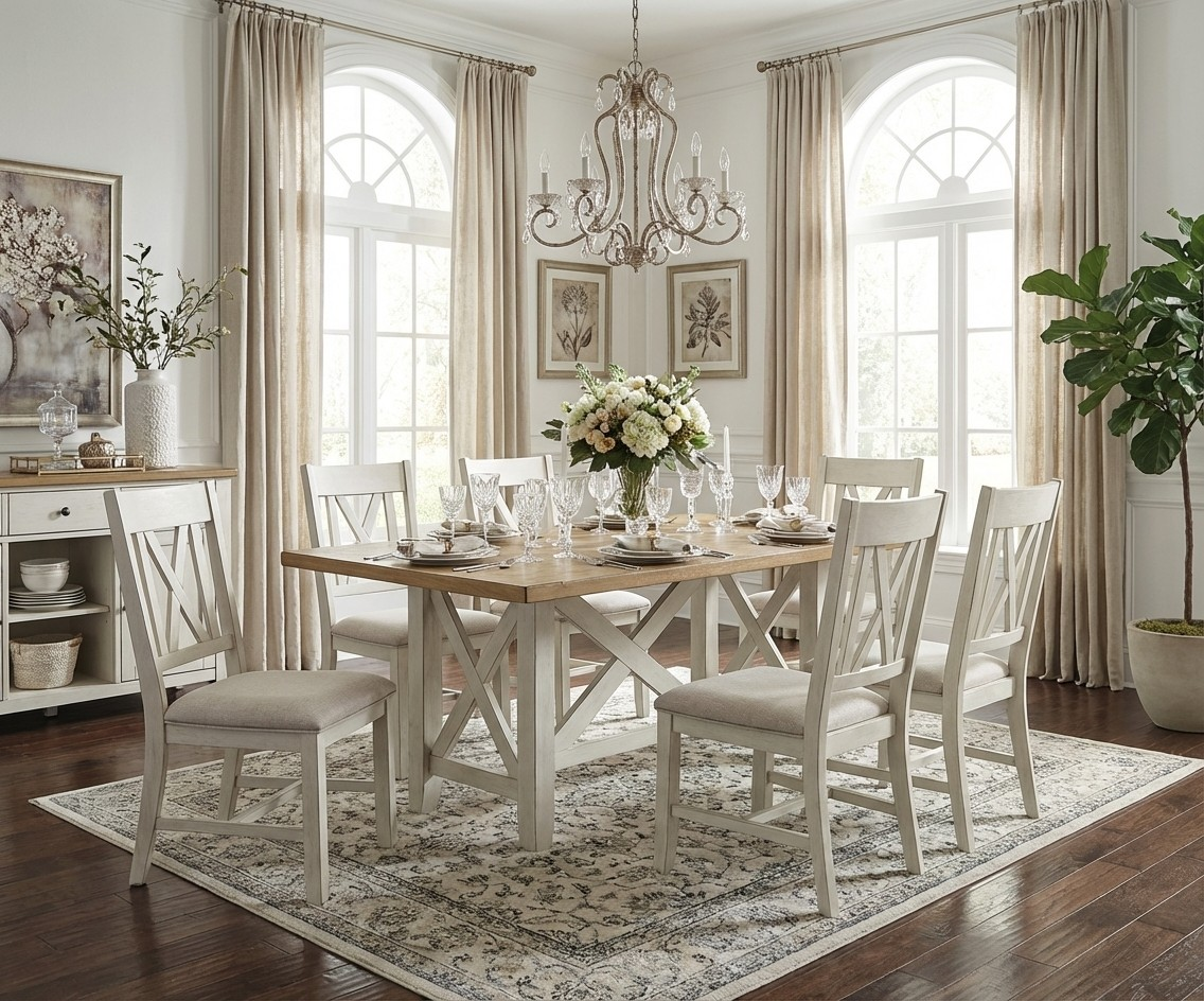 ZINNIA dining table set in a classic dining room under a candle chandelier