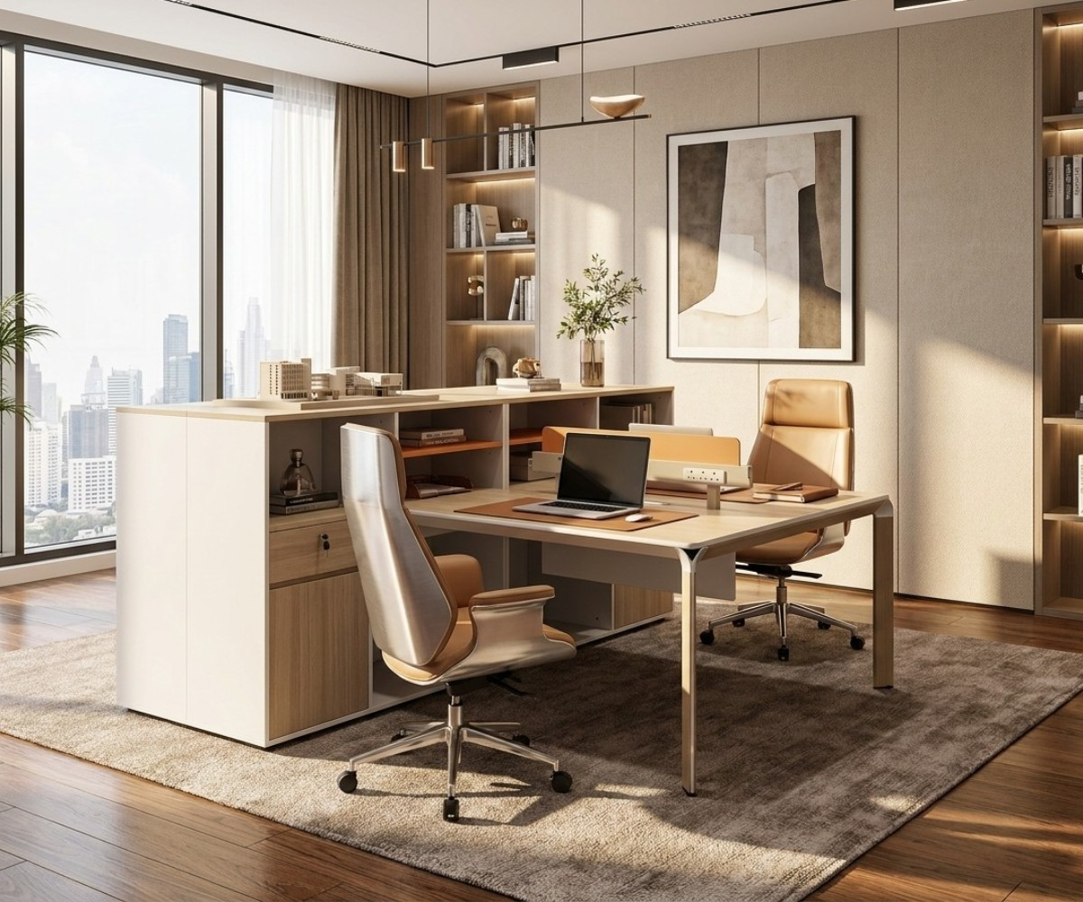 ZK-A5-216 executive workstation desk in a bright office with shelving
