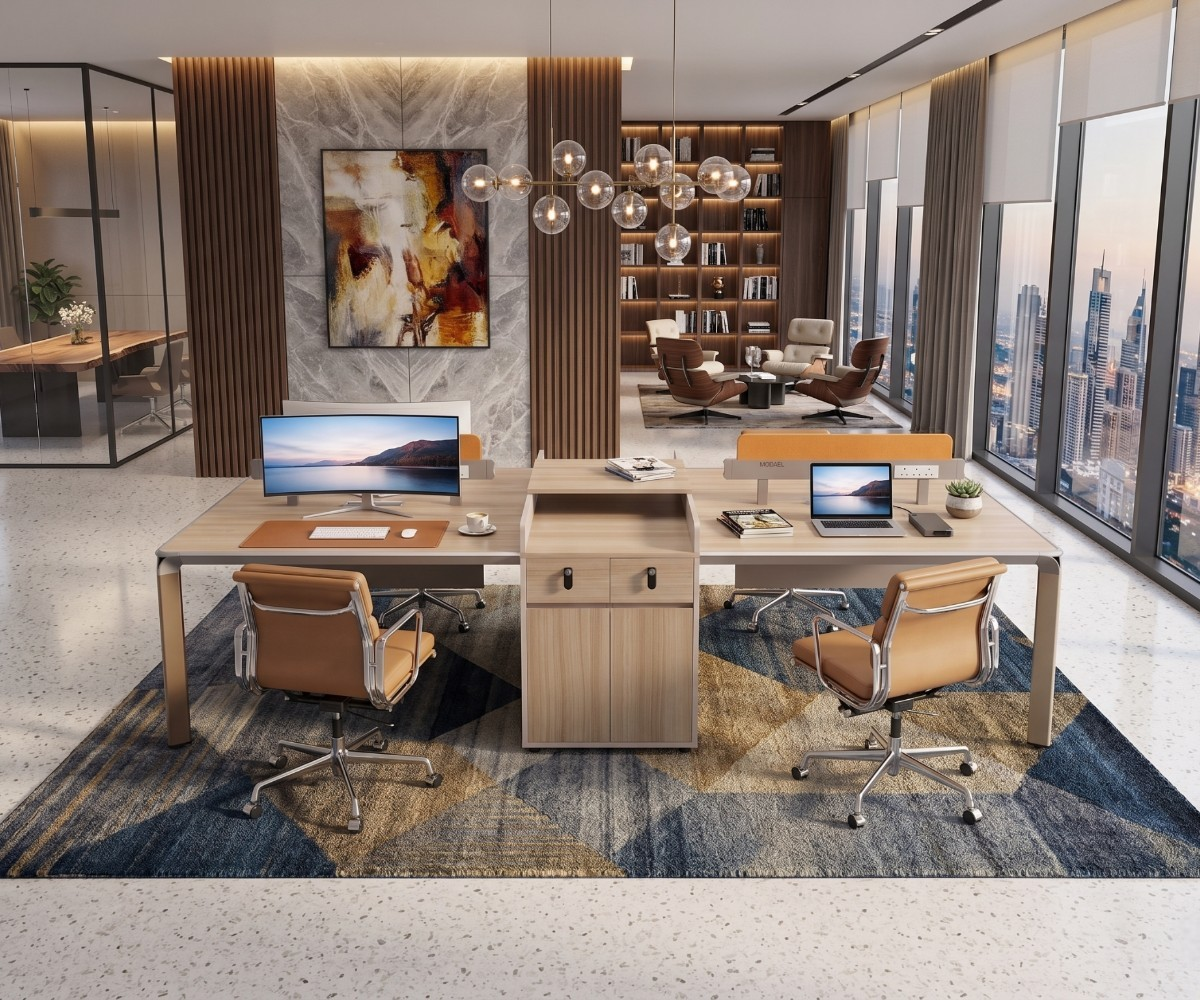 ZK-A5-230 oak workstation cluster in a city-view open-plan office