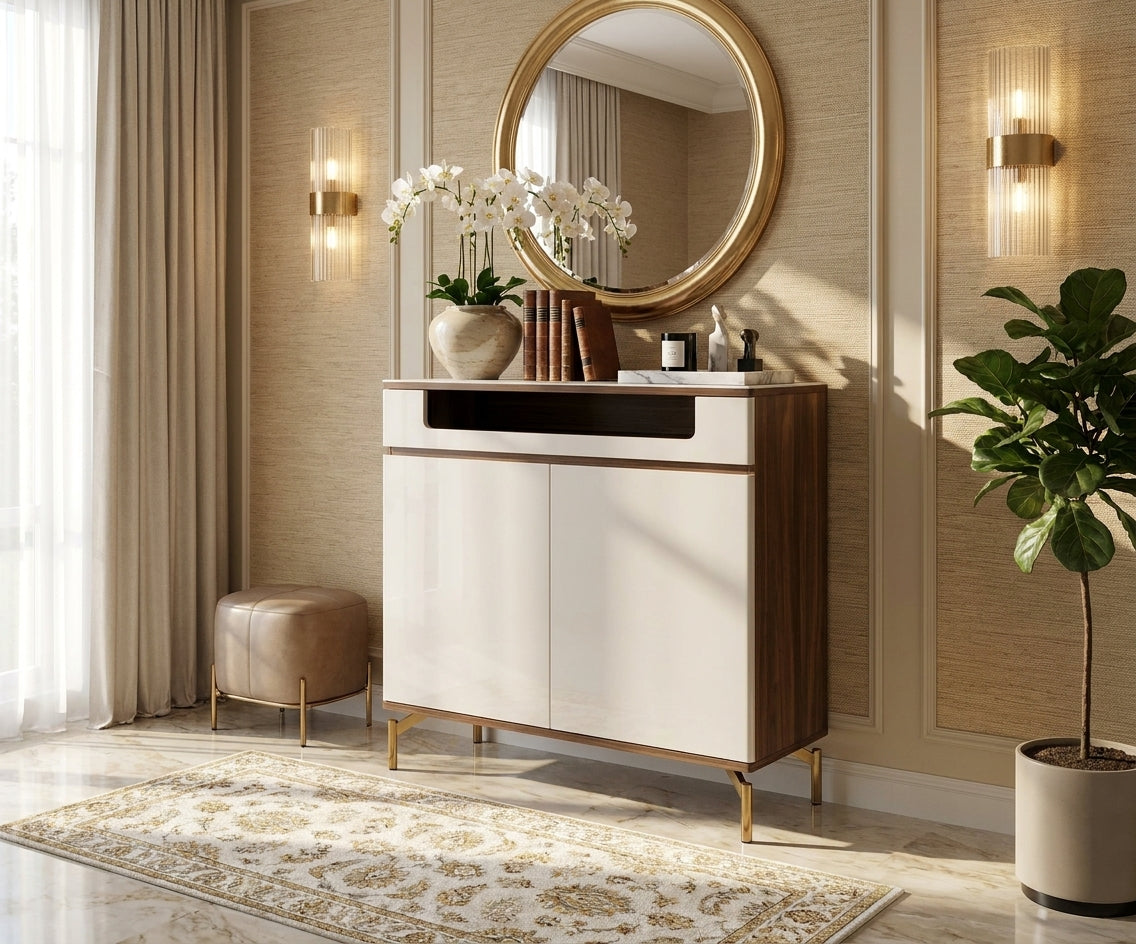 ZM-396 modern shoe cabinet in a gold-toned entryway with a round mirror