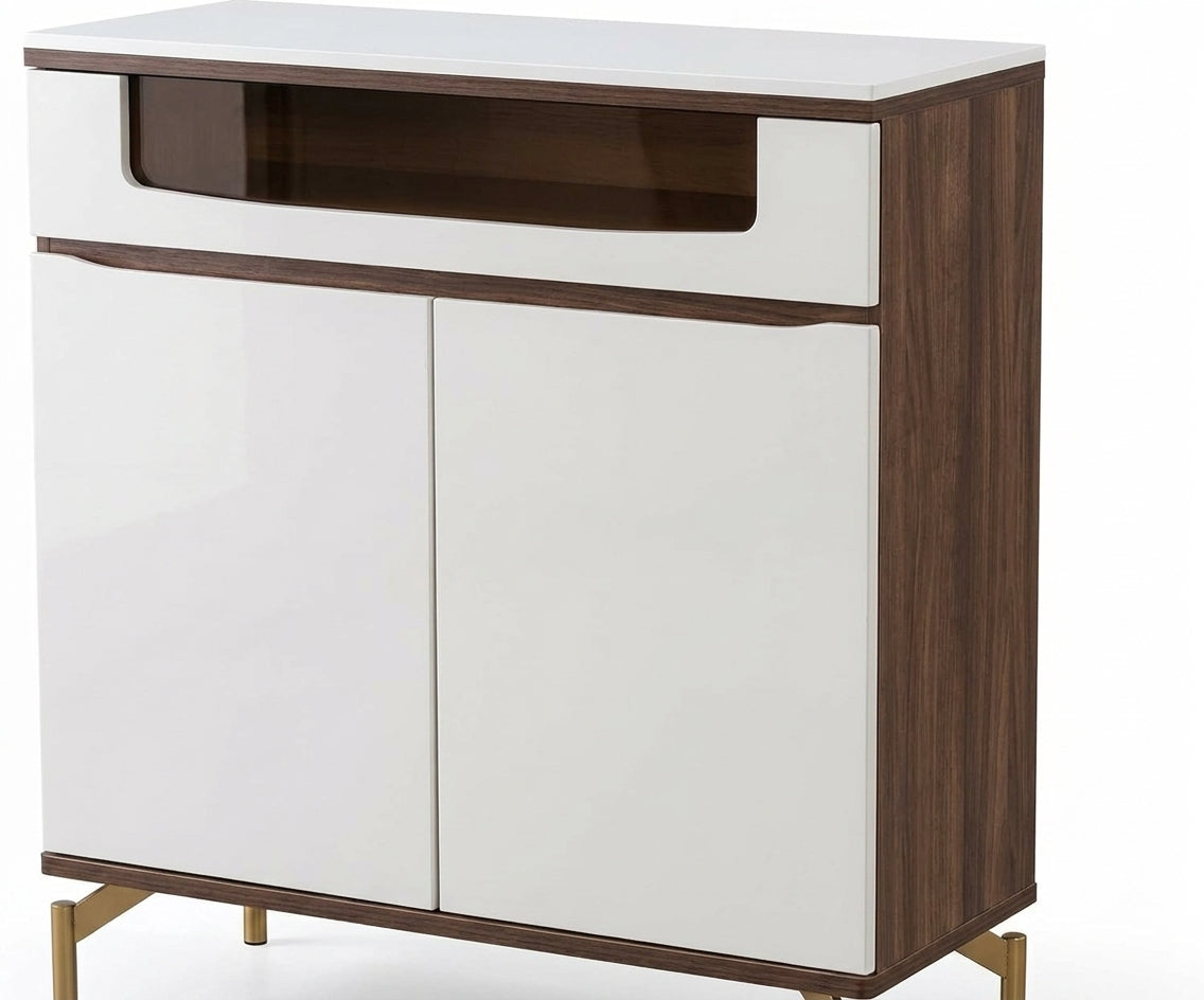 ZM-396 modern shoe cabinet in a gold-toned entryway with a round mirror